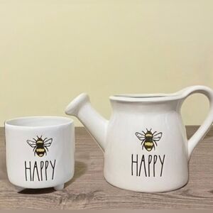 NEW Rae Dunn BEE HAPPY Footed Planter Pot & Watering Can